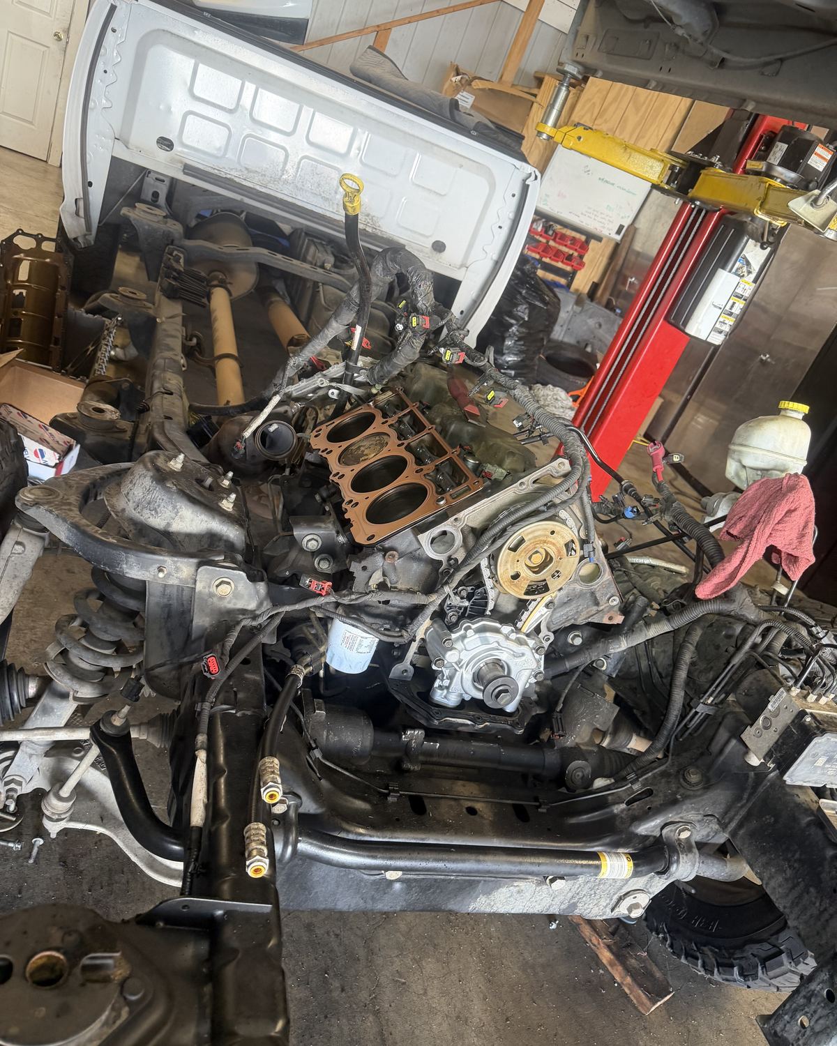 A truck engine opened up on the frame during a repair at Ronnie’s Automotive